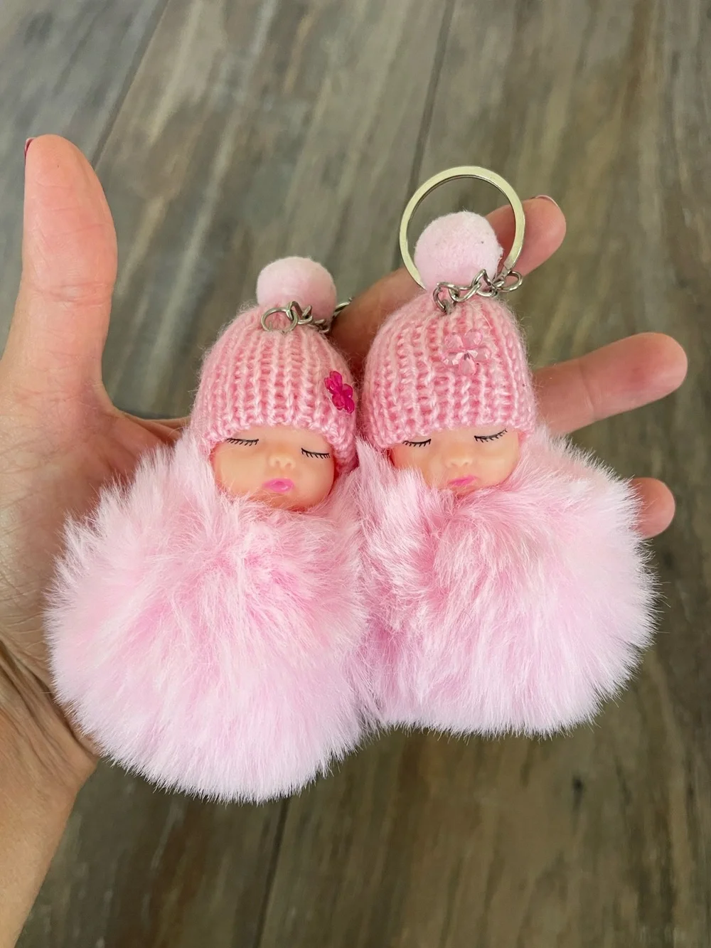 Pink Baby Doll Pom-Pom Keychain - Cute Plush Accessory